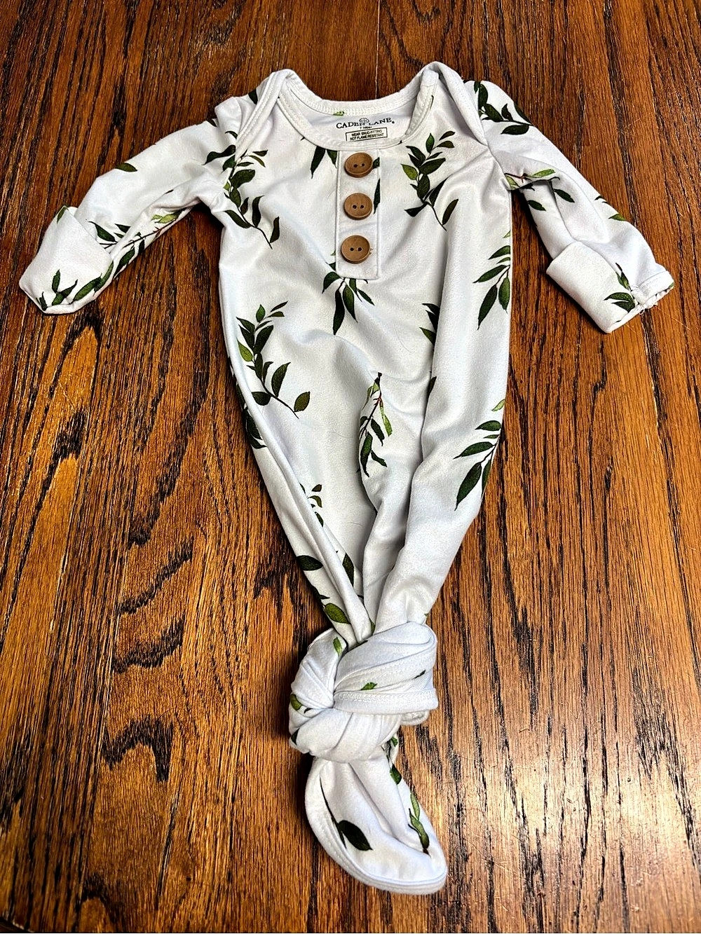 Caden Lane Olive Leaf Newborn Baby Knot Gown White & Green